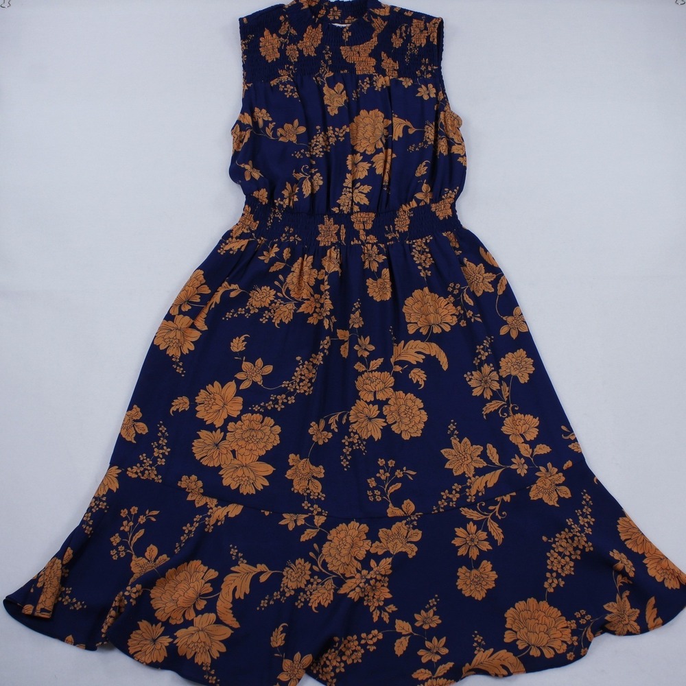 Nanette Lepore Floral Midi Dress - Navy Blue and Orange - Size 8 (Lined)